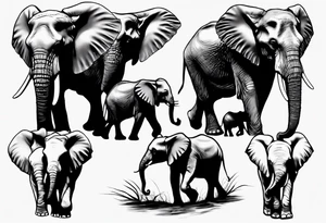 family of 6 elephants walking into sunset tattoo idea