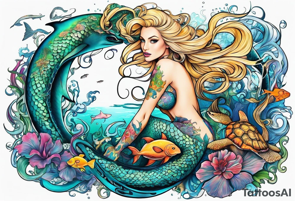 blond mermaid, giant octopus, sharks and turtles tattoo idea
