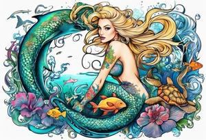 blond mermaid, giant octopus, sharks and turtles tattoo idea