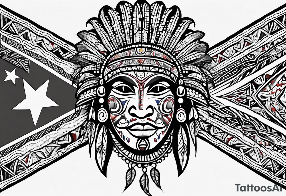 Taino Tribal art holding the Puerto Rican, U.S.  Virgin Islands and Trinidad flags tattoo idea