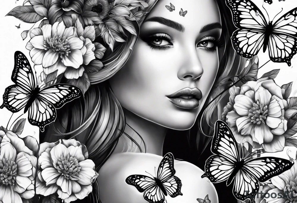 Life to death sleeve with butterflies and flowers tattoo idea