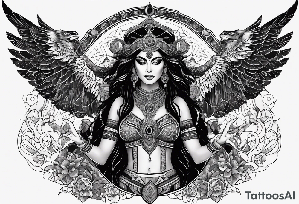 black kali, goddess pirate, alien, angel, pachamama, valkrye, warrior, flying, skull, lotus azul, wing, eagle, zenza resonance, stars, 5D, anahata chakra, death, durga, riding on a tiger, flying lady, kundalini, chest tatoo, rebel tattoo idea