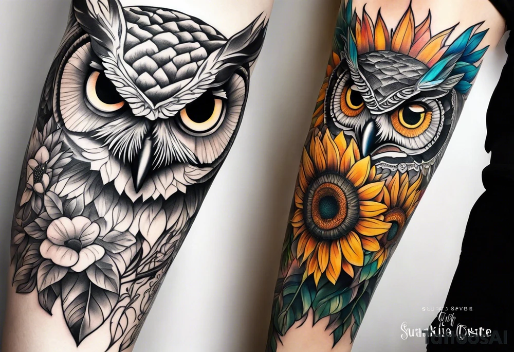 Leg sleeve with colorful sunflowers and an owl tattoo idea
