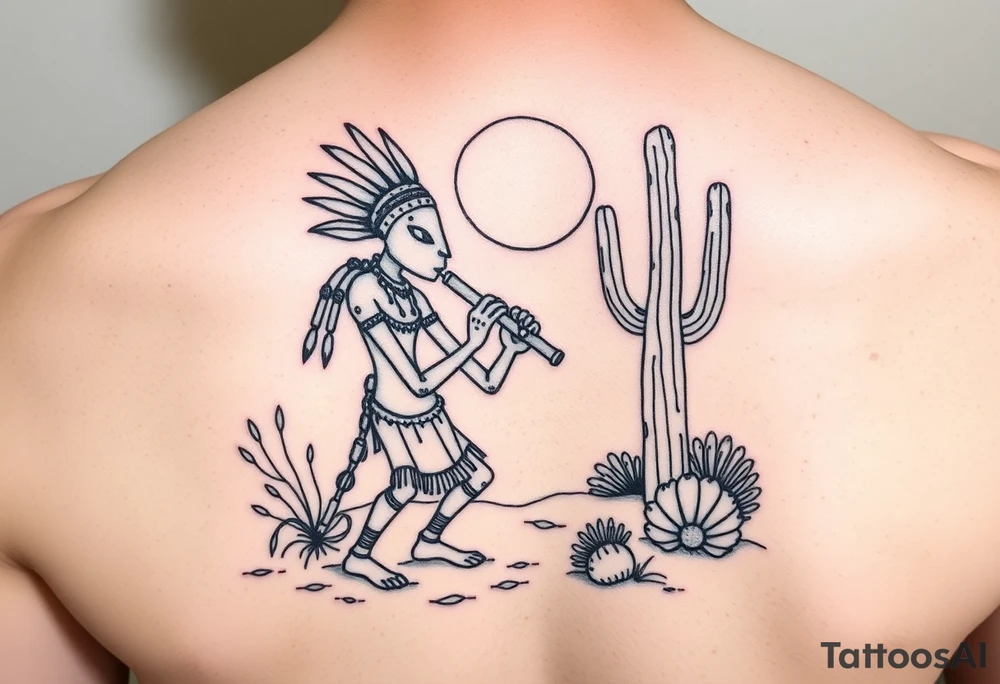 Kokopelli playing flute in desert scene in front of a cactus with sun in the air tattoo idea