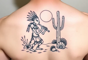 Kokopelli playing flute in desert scene in front of a cactus with sun in the air tattoo idea