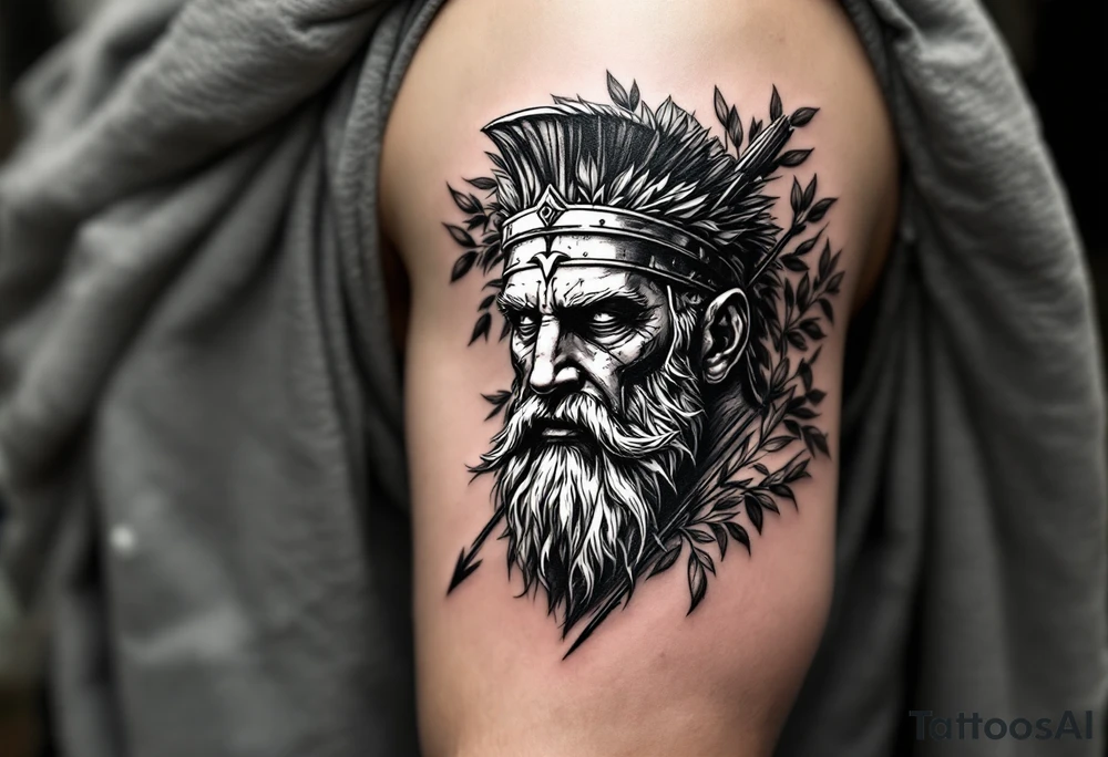 mythological Rome fighter  that come down an arrow and surrounded by a olive tree leaf around tattoo idea