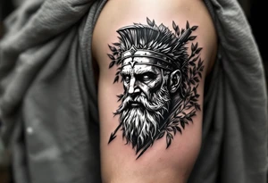 mythological Rome fighter  that come down an arrow and surrounded by a olive tree leaf around tattoo idea