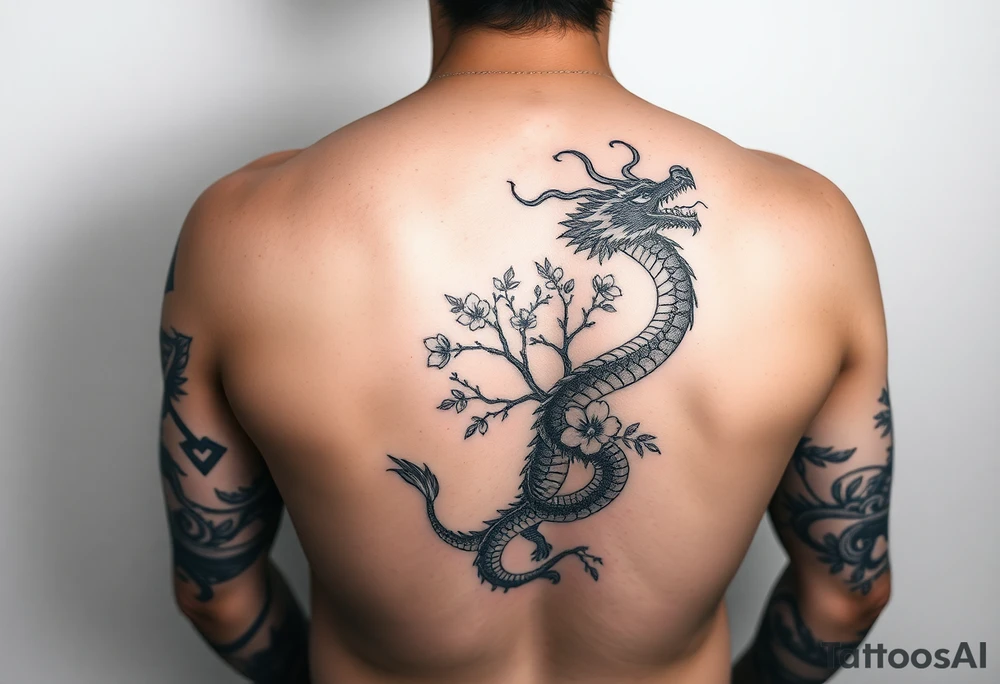 forearm sleeve tattoo, a dragon with a sakura tree tattoo idea forearm sleeve tattoo, a dragon with a sakura tree tattoo idea