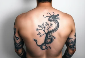 forearm sleeve tattoo, a dragon with a sakura tree tattoo idea