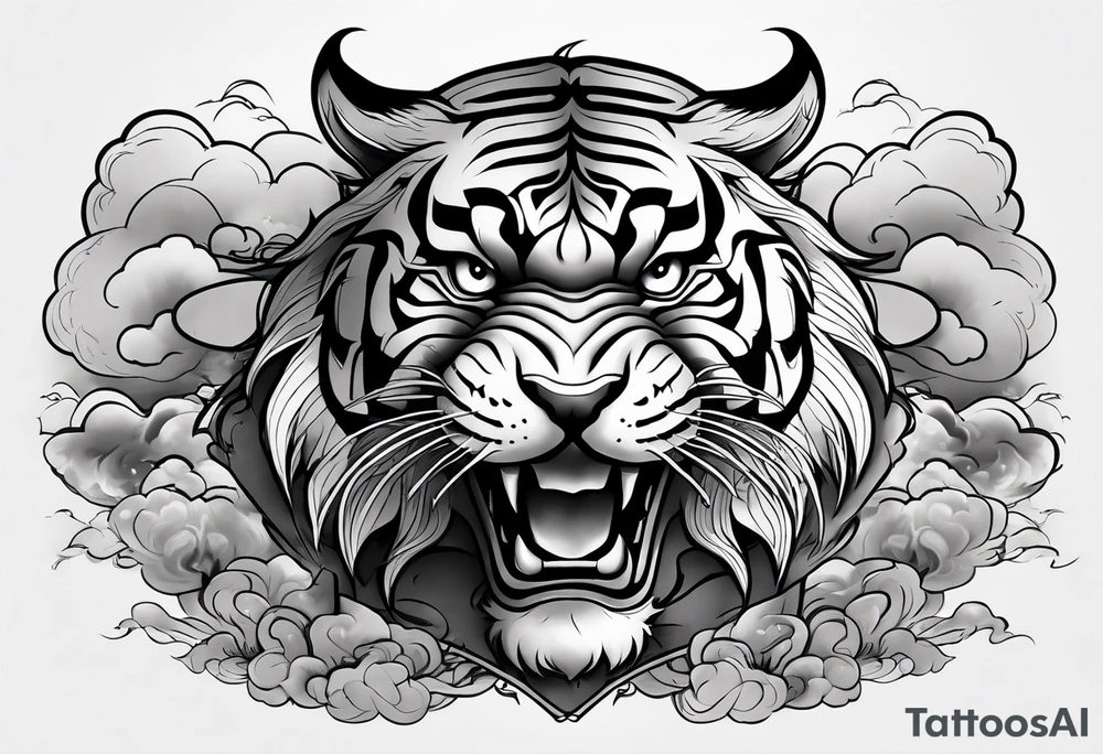 Asian Japanese Chinese style tiger with a full body not just head twisting body for a forearm half sleeve, clouds tattoo idea