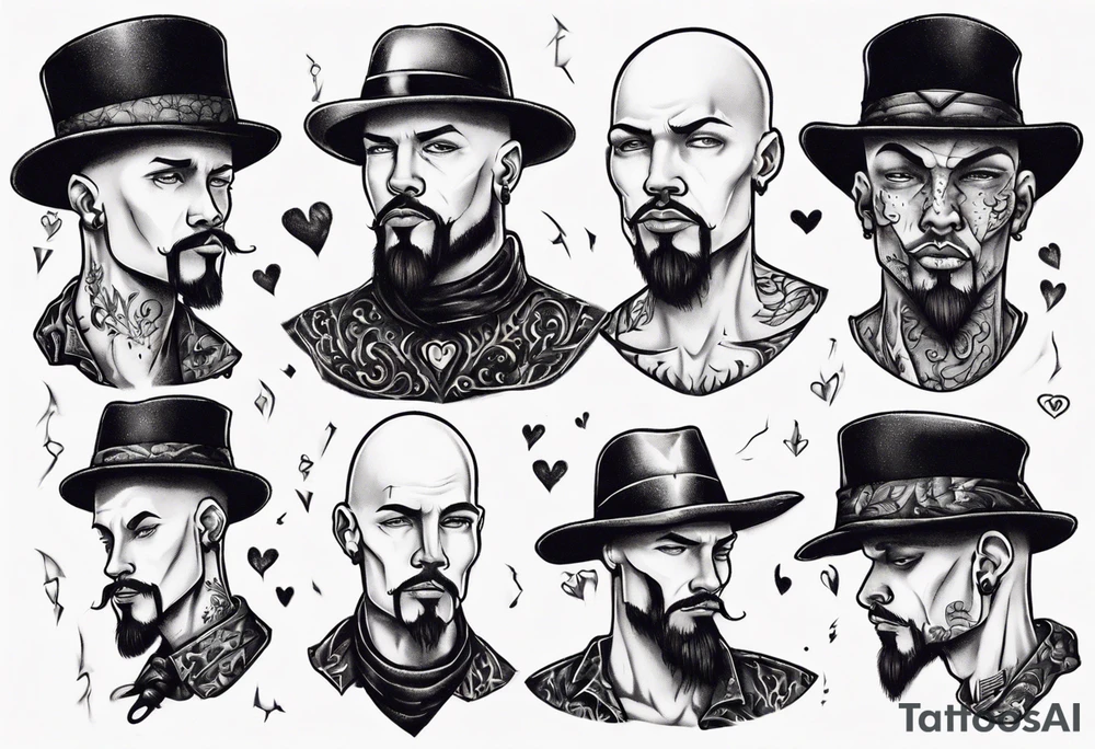 bald heartbroken man closeup goatee black hat tattoo idea