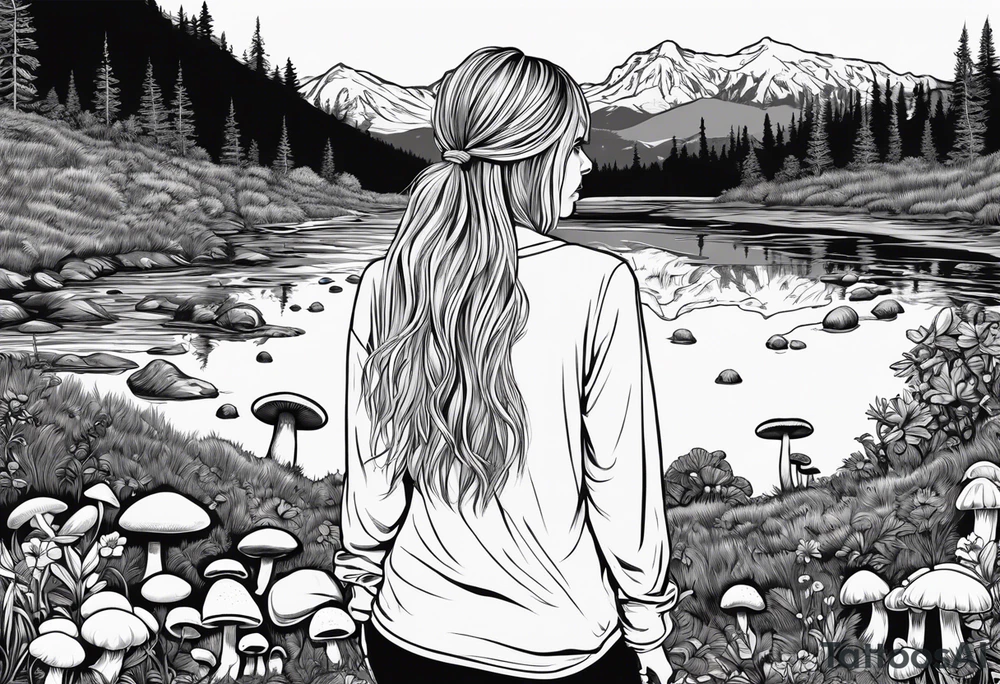 Whole picture encircled fully

Straight long blonde hair hippie girl in distance holding mushrooms in hand facing away toward mountains and creek surrounded by mushrooms long sleeve shirt and hiking pants; whole rendering within a full circle, no cut off circle tattoo idea