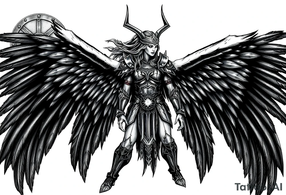A fierce looking Valkyrie with very big dark wings. The whole body with legs should be visible.
She has armor.

In the background there is a viking shield on the left side and a vegvisir symbol on the right tattoo idea
