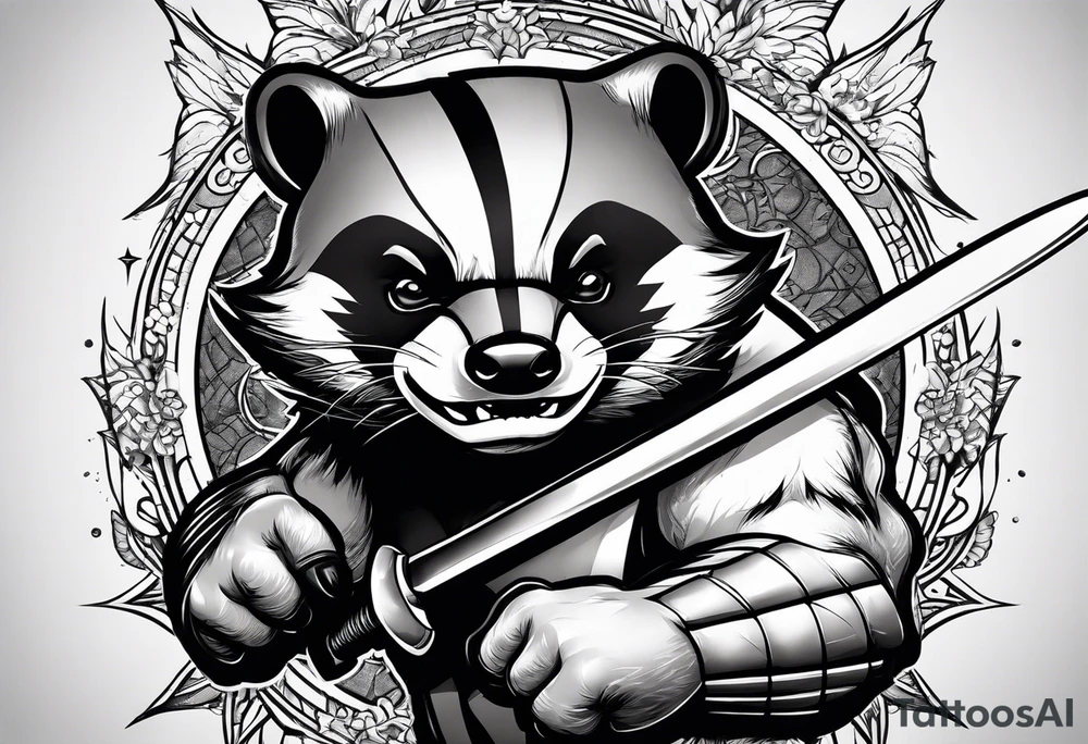Draw me badger/wolverine with aggressive full body show, killer face with cute smile, long nails and he attacks like a gladiator to enemy tattoo idea
