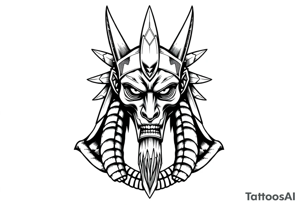powerful majestic square muscle anubis Egyptian god face mix with joker
without eyes with mantle on head tattoo idea