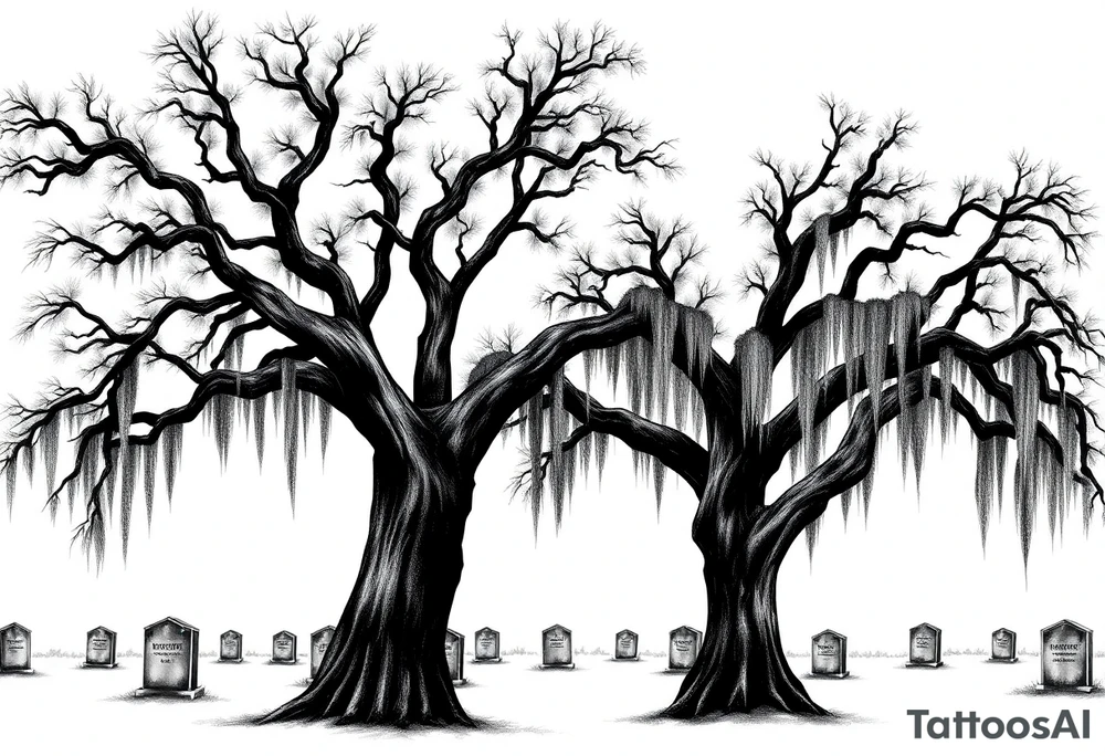Oak trees with Spanish moss in a cemetery tattoo idea