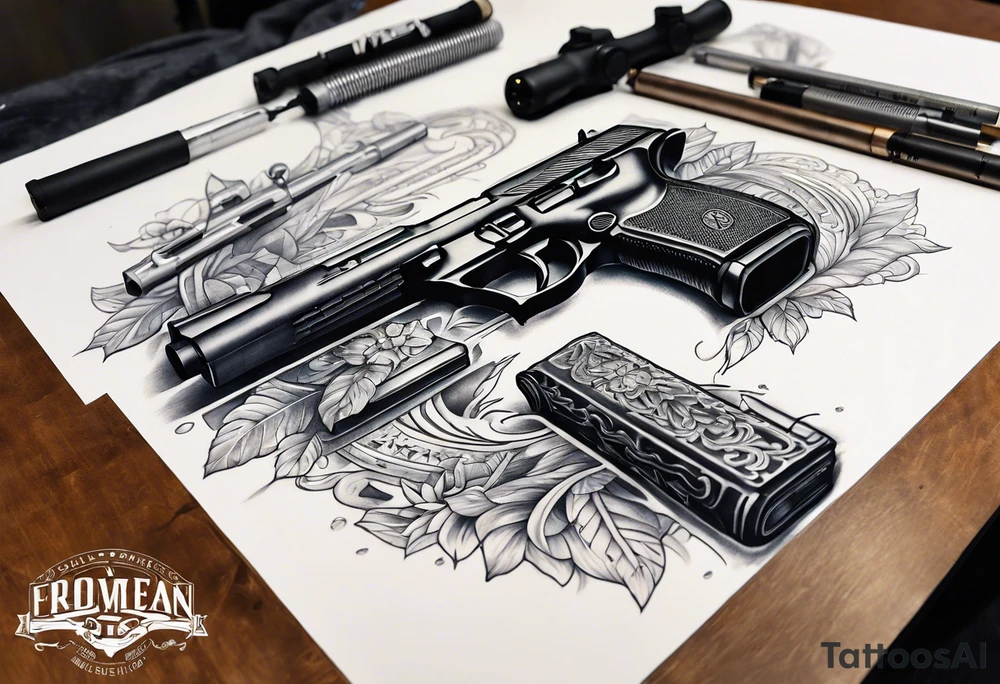 A forearm tattoo that includes an M4 rifle and a Beretta M9 pistol tattoo idea