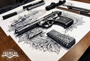 A forearm tattoo that includes an M4 rifle and a Beretta M9 pistol tattoo idea