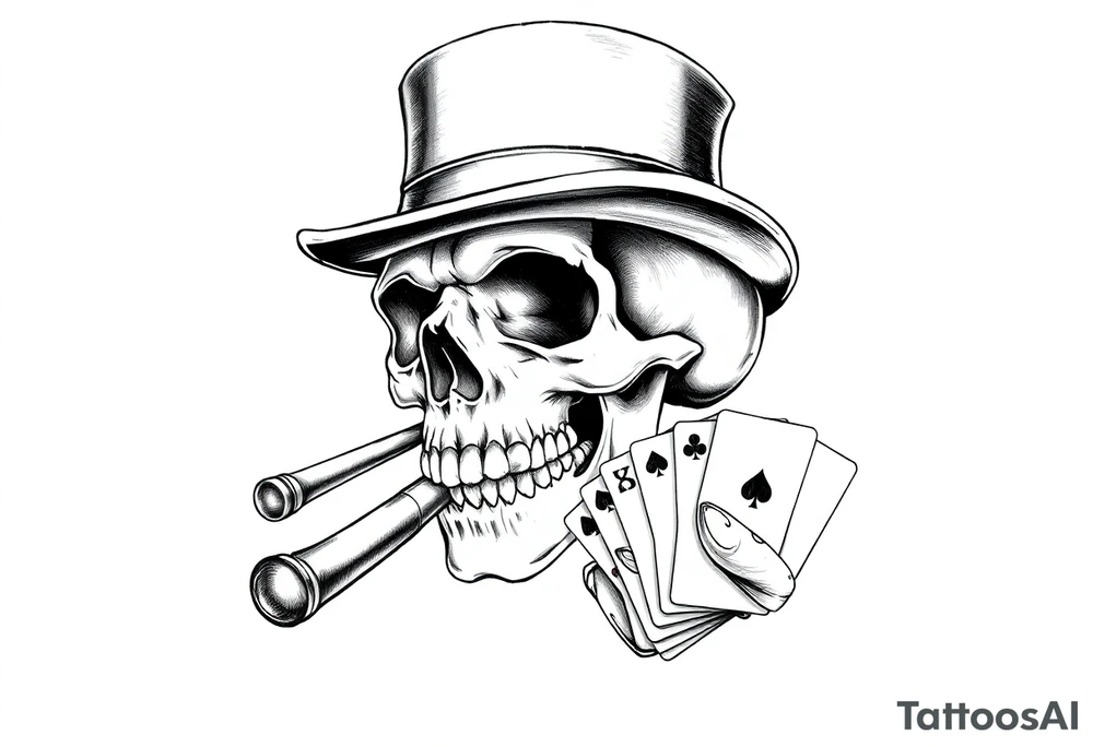 a skull with mustache, a big cigar in his mouth,top-hat on his head and playing cards in a hand. tattoo idea