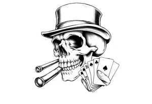 a skull with mustache, a big cigar in his mouth,top-hat on his head and playing cards in a hand. tattoo idea