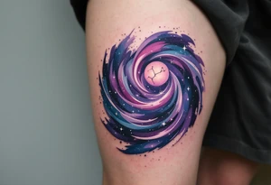 A realistic galaxy-inspired Sagittarius tattoo in swirling purples, blues, and blacks with tiny white stars forming the constellation. tattoo idea