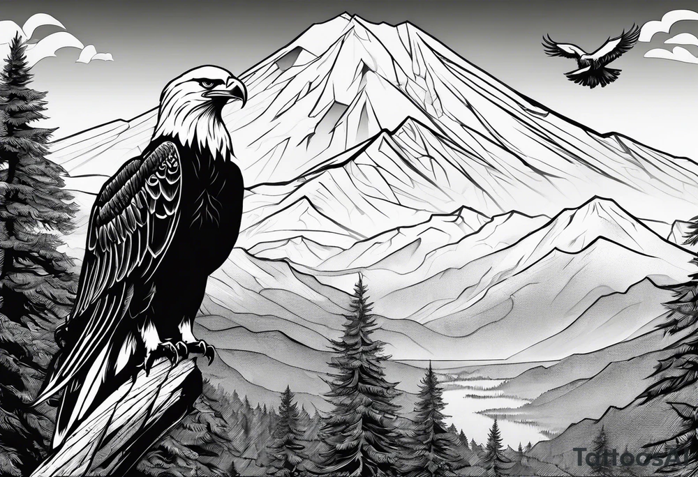 Mountain in the background with trees an eagle soaring with a White Dove sitting on a branch at the top of the mountain tattoo idea