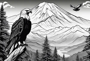 Mountain in the background with trees an eagle soaring with a White Dove sitting on a branch at the top of the mountain tattoo idea