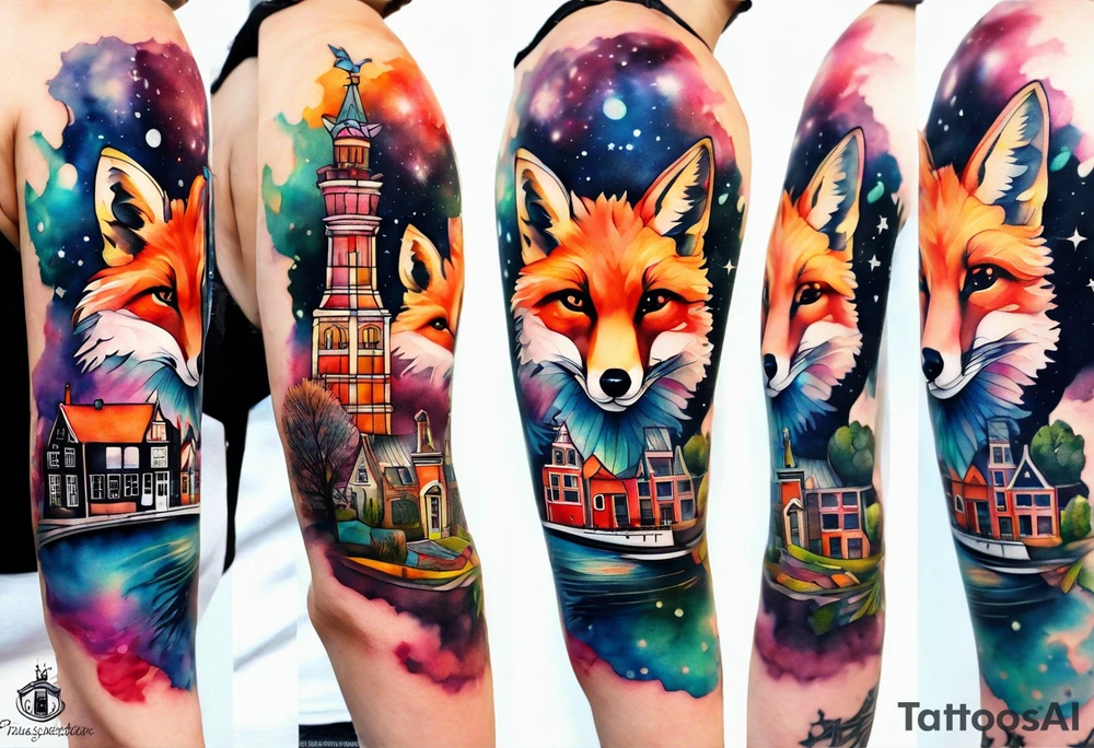 Arm tattoo, Animals, birds, stag, fox, watercolour of animals made from glass in Amsterdam featuring Amsterdam buildings and Amsterdam canal in galaxy colours featuring pineapples as space colours tattoo idea