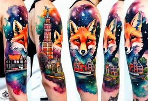 Arm tattoo, Animals, birds, stag, fox, watercolour of animals made from glass in Amsterdam featuring Amsterdam buildings and Amsterdam canal in galaxy colours featuring pineapples as space colours tattoo idea