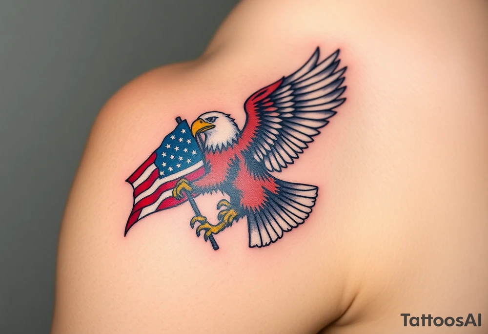 A bold American eagle clutching a tattered US flag in its talons, with vibrant red, white, and blue details tattoo idea