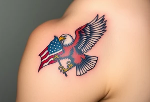 A bold American eagle clutching a tattered US flag in its talons, with vibrant red, white, and blue details tattoo idea