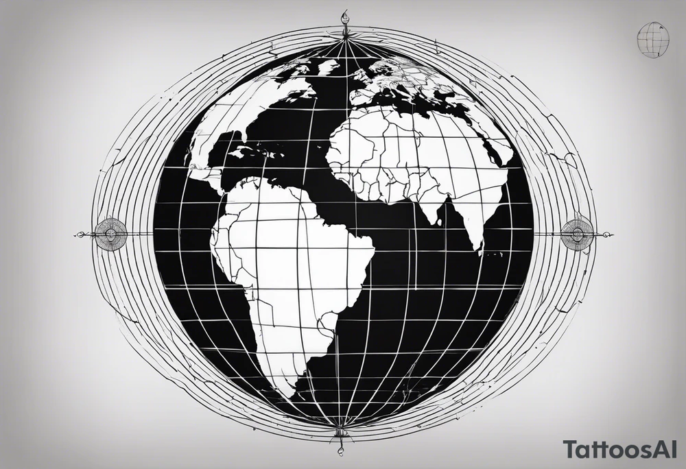 the earth on a flat map with light fading shading placed on a grid with only the lines with accurate depictions of the borders in countries while having it in an oval/circular position on a grid without any borders on the sides tattoo idea