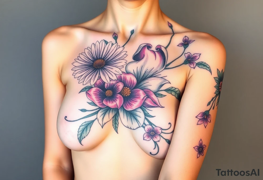 This tattoo is on a woman. It starts on her left side of the chest on the pectoral with a Glaiolus and Daisy together, then the tattoo rises over the left shoulder and down the arm and ends at the elbow. The tattoo will include a primroses, Calla Lilys, and Lillys. It will be light on color except in the petals and has light shading to make it pop. It will not wrap around the chest but rather bloom upwards from the pectoral and spill over the shoulder and down to the elbow. tattoo idea