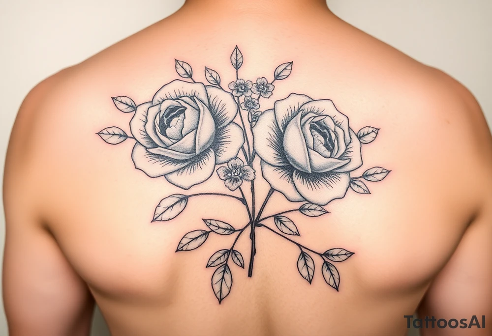 Traditional style black ink with 2 wild roses with forget me nots an olive branch and a lot of leaves tattoo idea