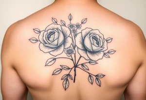 Traditional style black ink with 2 wild roses with forget me nots an olive branch and a lot of leaves tattoo idea