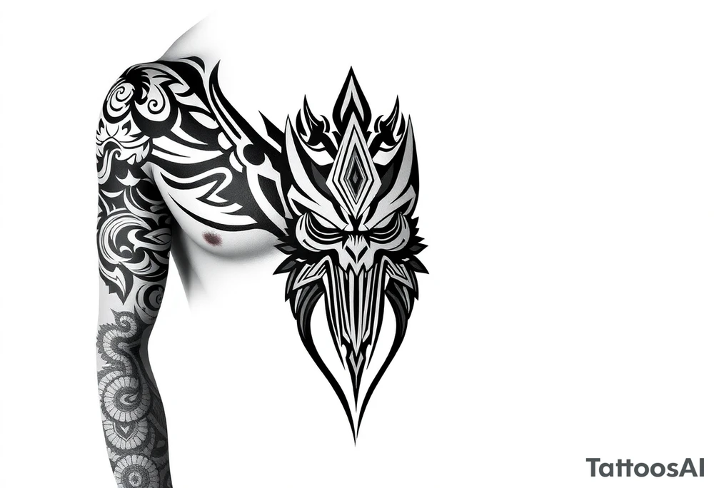 The Fiend top center piece of sleeve with Polynesian tribal design surrounding covering up old tattoo tattoo idea