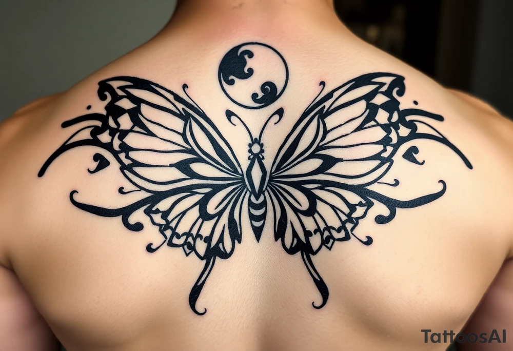 ethereal butterfly with flowing silk ribbons in moonlight tattoo idea