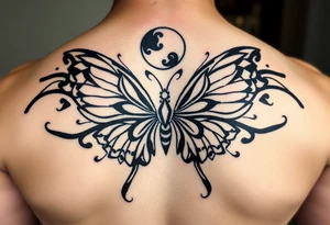 ethereal butterfly with flowing silk ribbons in moonlight tattoo idea