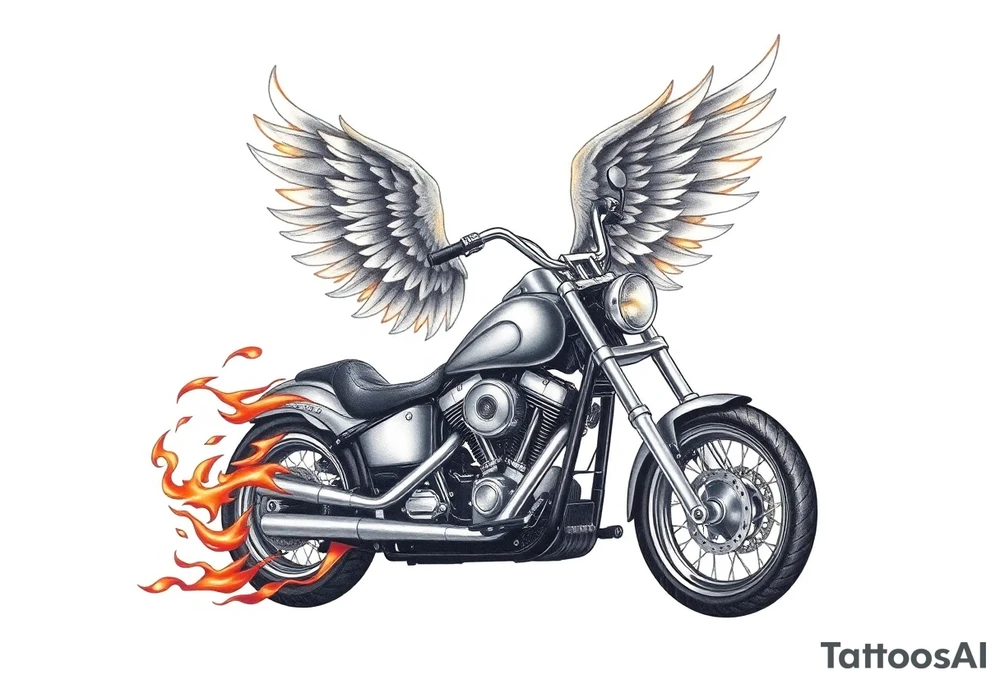 Harley grey motorcycle driving away, flames, angel wings tattoo idea