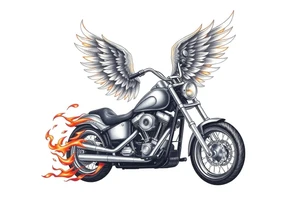 Harley grey motorcycle driving away, flames, angel wings tattoo idea