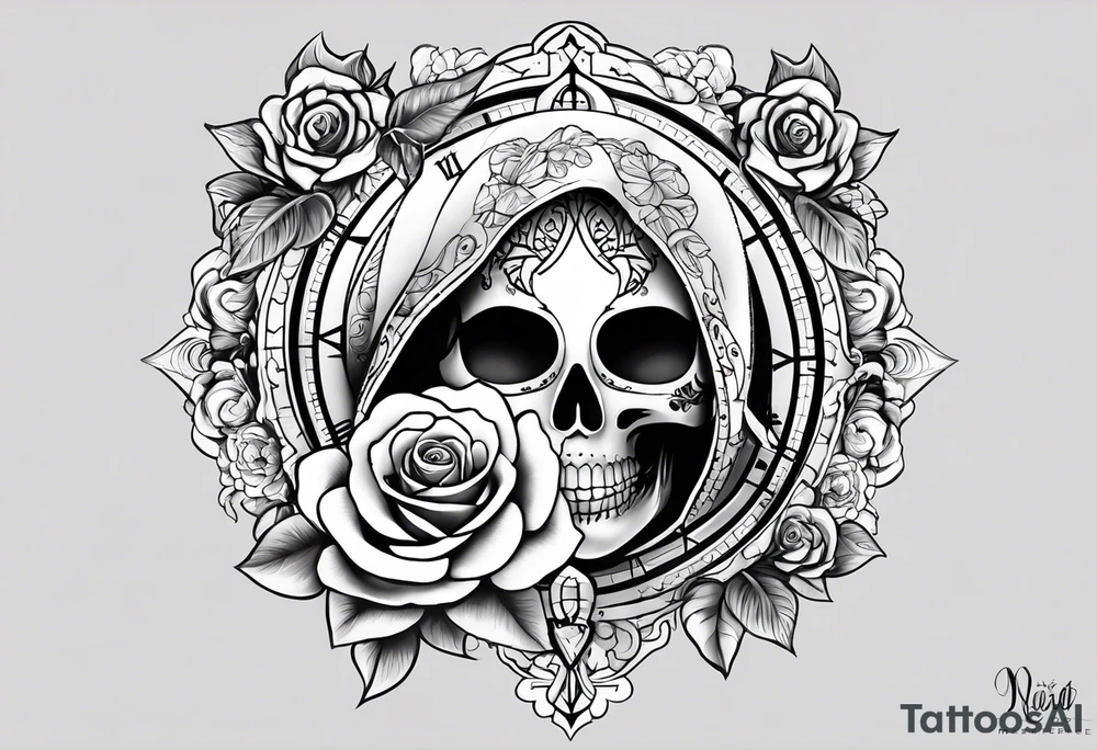 Hispanic/ Latin  goddess, love, forgiveness, strength, peace, cancer zodiac , small clock on face, rose , face half skull tattoo idea