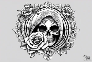 Hispanic/ Latin  goddess, love, forgiveness, strength, peace, cancer zodiac , small clock on face, rose , face half skull tattoo idea