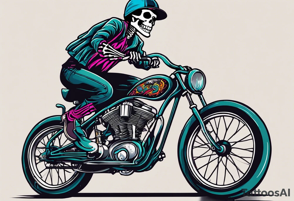 skeleton wearing 80s style licra and cap rides a road racing bicycle. The skeleton is grinning at the viewer. There is no background image tattoo idea