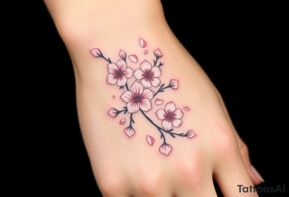 delicate cherry blossoms swirling in spring breeze with petals tattoo idea