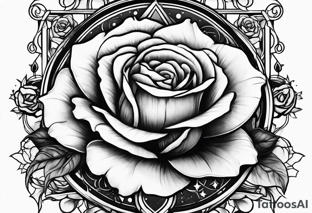 Tesseract with big roses and small stars tattoo idea