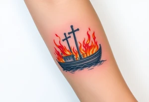 Boat on fire with cross as mast. Watercolour tattoo idea