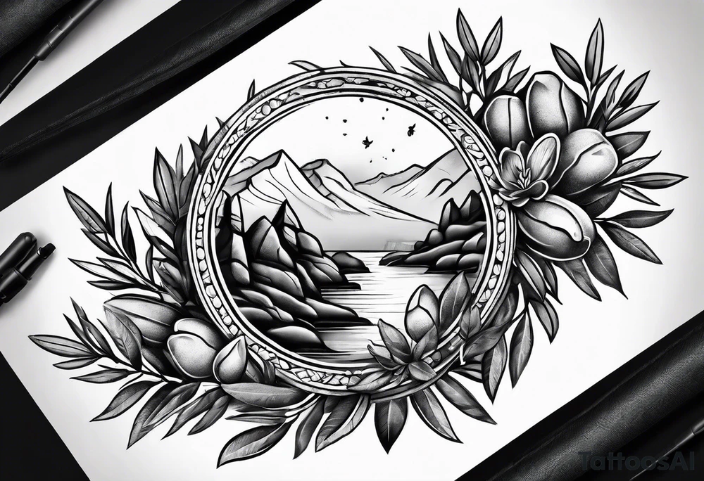 rock tattoo with olive leaves around it tattoo idea