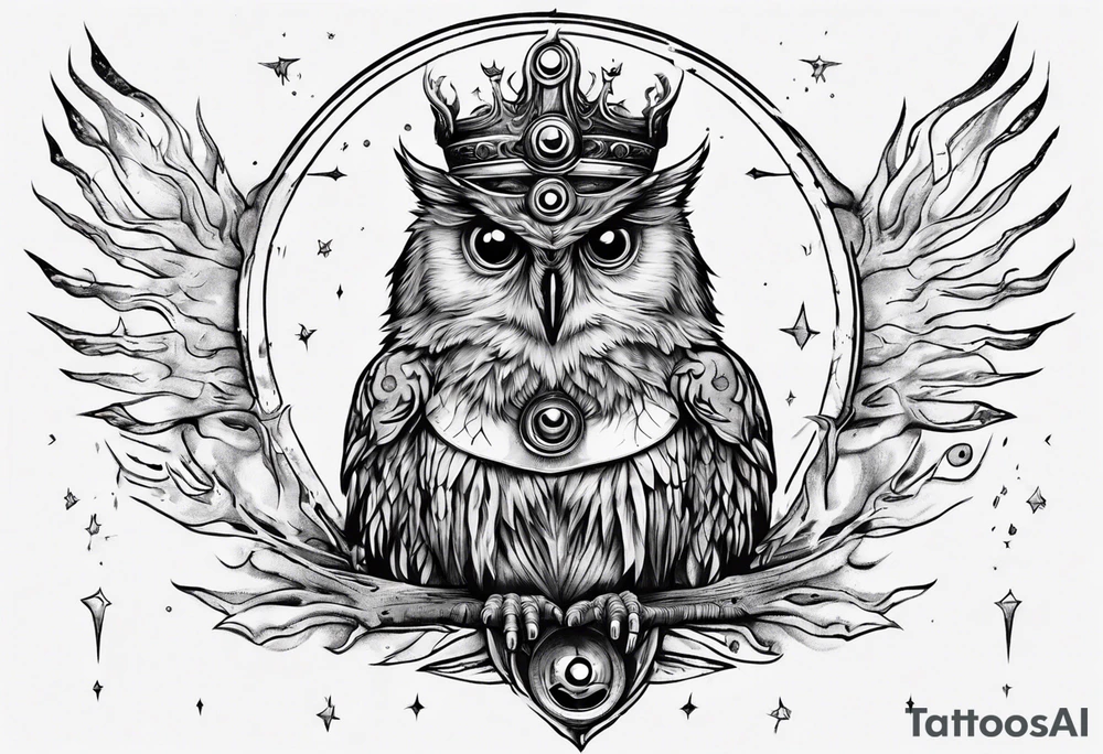 Wise Crowned Owl with the third eye and the Dark Moon. tattoo idea