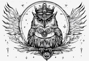 Wise Crowned Owl with the third eye and the Dark Moon. tattoo idea