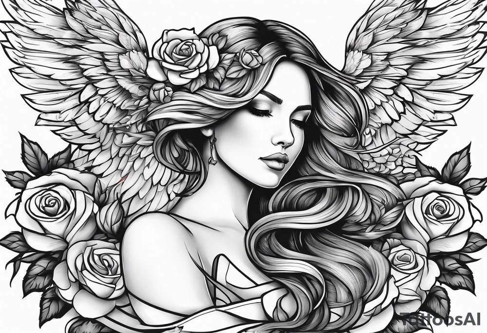Beautiful woman angle with wings standing surrounded by roses tattoo idea